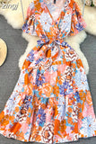 Women Floarl Dress Vintage V-Neck Short Sleeve Printed A-Line Elegant Midi Vestidos Female Casual Robe Bohemian 2023
