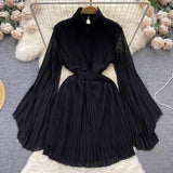 Zingj Of Pleated Horn Sleeve High Collar Dress Female Spring And Summer French Light Luxury Minority Design Sense Of Waist Chiffon