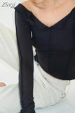 Women Casual Ruched Long Sleeve T-Shirts Spring Fall Slim Fit Pullovers Tees Shirts Female Streetwear Base Tees