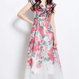 Elegant Dress Women's Summer Famous High-End Feel Lotle Side V-Neck Waist Thin Print Large Swing