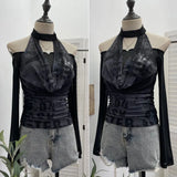 Hottie Hanging Neck A Word Shoulder Collar Long Sleeve Mesh Yarn T-Shirt