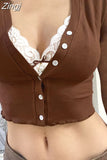 V Neck Brown Y2K Vintage Long Sleeve T-shirts Women Lace Patched Slim Basic Crop Tops Cute Buttons Up Autumn Tees