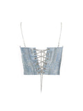 Women's Summer Chain Strap Crop Top Sexy Y2k Casual Chic Vintage Off Shoulder Hollow Out Sequins Blue Tank Top Vest Korean
