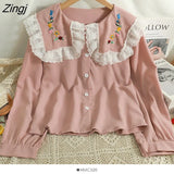 Flower Embroidery Shirt Women Korean Lace Splicing Peter Pan Collar White Blouses Sweet Office Long Sleeve Female