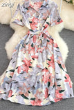 Women Printed Dress Elegant Turn-Down Collar Short Sleeve High Waist A-Line Red/Blue/Purple Slim Vestidos New