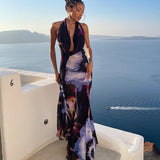 Women's Clothing 2025 New Digital Printing Sexy Hanging Collar Long Mid-Long Dress