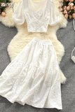 Two Piece Set Women Vintage Square Collar Short Sleeve Tops + High Waist A-Line Skirt Female Suits 2023