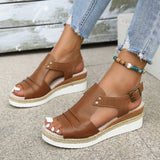 Fish Mouth Slope Heel Sandals Large-Size Folded Belt Buckle Bottom Hemp Rope Soles Women's Sandals In The Summer Of