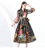 Retro V-Neck Strap With Belt Mesh Lantern Sleeve Fashion Print Big Swing Cardigan Dress Dress Dress