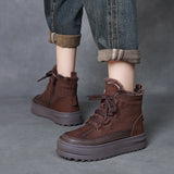 Layer Of Cow Skin Retro Thick-Bottomed Martin Boots Women Autumn And Winter New Leisurely Increase Short Boots To Keep Warm Wool Cotton