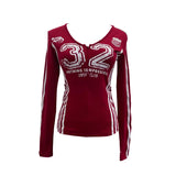 Shooting Sports Wind Crash Color Print Semi-Zip V-Neck Long-Sleeved T-Shirt With Thin Velvet Bottom Short Top