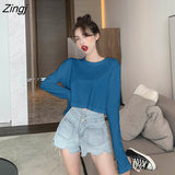 Sleeve T-shirts Women Spring Solid Loose Crop Top Sexy New Trendy Leisure Girls T-shirt Korean Stylish Teens All-match