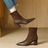 Brown Short Boots Women Thick And 2025 Autumn And Winter New Splicing Elastic Thin Boots Tips 6CM High