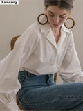 Sleeve Elegant White Button Vintage Women Blouse Turn Down Collar Office Ladies Female Casual