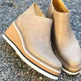 Size New Winter Wedges Women Boots Comfortable Ankle Boots Shoes Round Toe 4cm Heel Lace Up and Zip Thicken Botas De