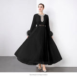 Women's Dress 2025 New Famous Heavy Industry Drilled Hair Sleeves To Close The Waist Pressure Folding Long