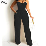 2PCS Women Sexy Zipper Back Cami Top Wide Legs Contrast Pipping Long Pants Set Elegant Workwear Casual Two Piece Suits