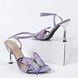 Women's Butterfly High-Heeled Sandals Flowers Silk And Satin Fabric Elastic Rubber With Pointed Women's Shoes Toe Wind Super