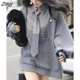 Women Chic Loose Turn-down Collar Fake Two Pieces Long Sleeve Clothes Vintage Autumn New Fashion Streetwear