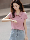 Style Temperament Fashion Age-Old Polo Collar Embroidered Short-Sleeved T-Shirt Women 2025 Summer New Simple Wind