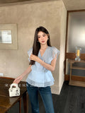 Xixi 13 Lines 2025 Summer New Korean Version Of Temperament Chiffon Shirt V-Necked Leaf Sleeve Top Female