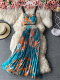 Vacation Beach 2pcs Set Women Floral Printed Short Strapless Tops And High Waist Pleated Long Skirt Suit Spring