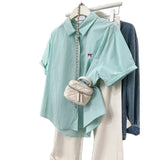 Embroidered Blue Short Sleeve Shirt Women's Easier Summer 2025 New Design Sense Small Shirt Casual