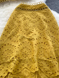Bohemian Hollow Out 2pcs Set Women Sexy V-Neck Spaghetti Strap Short Tops + High Waist Ruffle Mini Skirt Female Suit