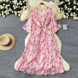 Retro Floral And Snow-Crushed Dress Woman Autumn Strapd To The Waist V Collar Horn Sleeve Temperament Over The Folded