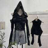 Shooting Doomsday Wasteland Wind To Make Old Worn Hooded Long-Sleeved T-Shirt Short High-Waisted Umbilly Top