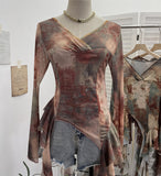 Shooting Ribbon Mesh Yarn Leaf Side Retro Print V Collar Horn Sleeve Top Spring And Summer Short Repair T-Shirt