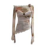 Shooting Lace Splicing Oblique Shoulder Thin Tie-Dye Mesh T-Shirt Girl T-Shirt T-Shirt Shawl T-Shirt
