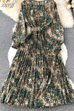 Vintage Women Printed Pleated Long Dress Elegant Round Neck Lantern Sleeve High Waist A-Line Maxi Vestidos Female