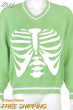 Skulls Blue Knitted Sweaters for Women Fashion Winter Tops Oversized Jumper V Neck Long Sleeve Pullovers Halloween