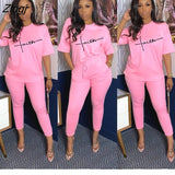 Summer Stretch Casual Suit Solid Color Ladies 2 Two-Piece Sets Letter Sportswear Short Sleeve T-Shirt + Long Pants