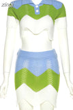 Knit Contrast Color Women Sexy 2Piece Set Short Sleeve Patchwork Button T-Shirt+Mini Skirt Vacation Matching
