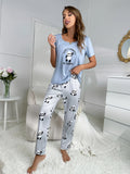 Women's Home Dress Round Collar Short-Sleeved Trousers Suit Milk Silk Cartoon Spring And Summer New