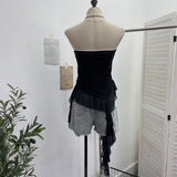 Shooting Retro Letter Print Bump Color Palette Vest Body Splicing Mesh Yarn With Hottie Top