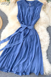 Solid Green/Blue/Yellow Casual Dress Elegant Sleeveless Round Neck Sashes Dresses Vintage 2023 New Fashion Vestido