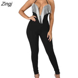 Women Sexy Solid Color Sleeveless Deep V neck Tassel Skinny Slim Jumpsuit Romper Playsuit Clubwear