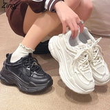 Women Platform Sneakers Leather Casual Ladies Chunky Shoes 2023 White Woman High Black Fashion Brand Thick soled Wedge