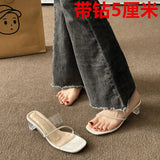 Women Wear 2025 Summer New Fashion Round Head Thick Heel Net Red Crystal Slippers Women's