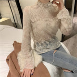 Spring New Lace Bottoms Shirts Sexy Women Long Sleeve Hollow Out Korean Clothes Fashion Thin Mesh Tops Elegant Female