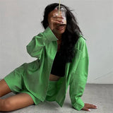 Sleeve Solid Green Shirt Casual Fashion Tops Summer Cotton Suit Two Piece Set Homewear Set Trousers Straight Shorts