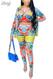 Print Sexy 3 Two Piece Set Strap Women's Sets Crop Top Long Sleeve Cloak And Pencil Leggings Pants Set Suit