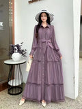 High-End Retro Collar Single Buckle Lantern Sleeve Dress Women's Hollow Lace To Receive Long Waist