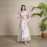 Court Dress Female Senior Sense Strap To The Waist Lantern Sleeve Print Single Buckle Mesh Elegant