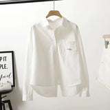 Fruit Green Back Open Fork Short Cotton Shirt Women 2025 New Korean Version Of Single Pocket Shirt