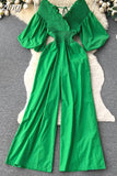 Women V-Neck Wide Leg Ruffle Jumpsuits Female Sexy Puff Short Sleeve High Waist Slim Vacation Beach Romper