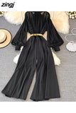 do vintage macacões outono lanterna manga longa gola de cintura alta perna larga drapeado macacão feminino elegante playsuits
